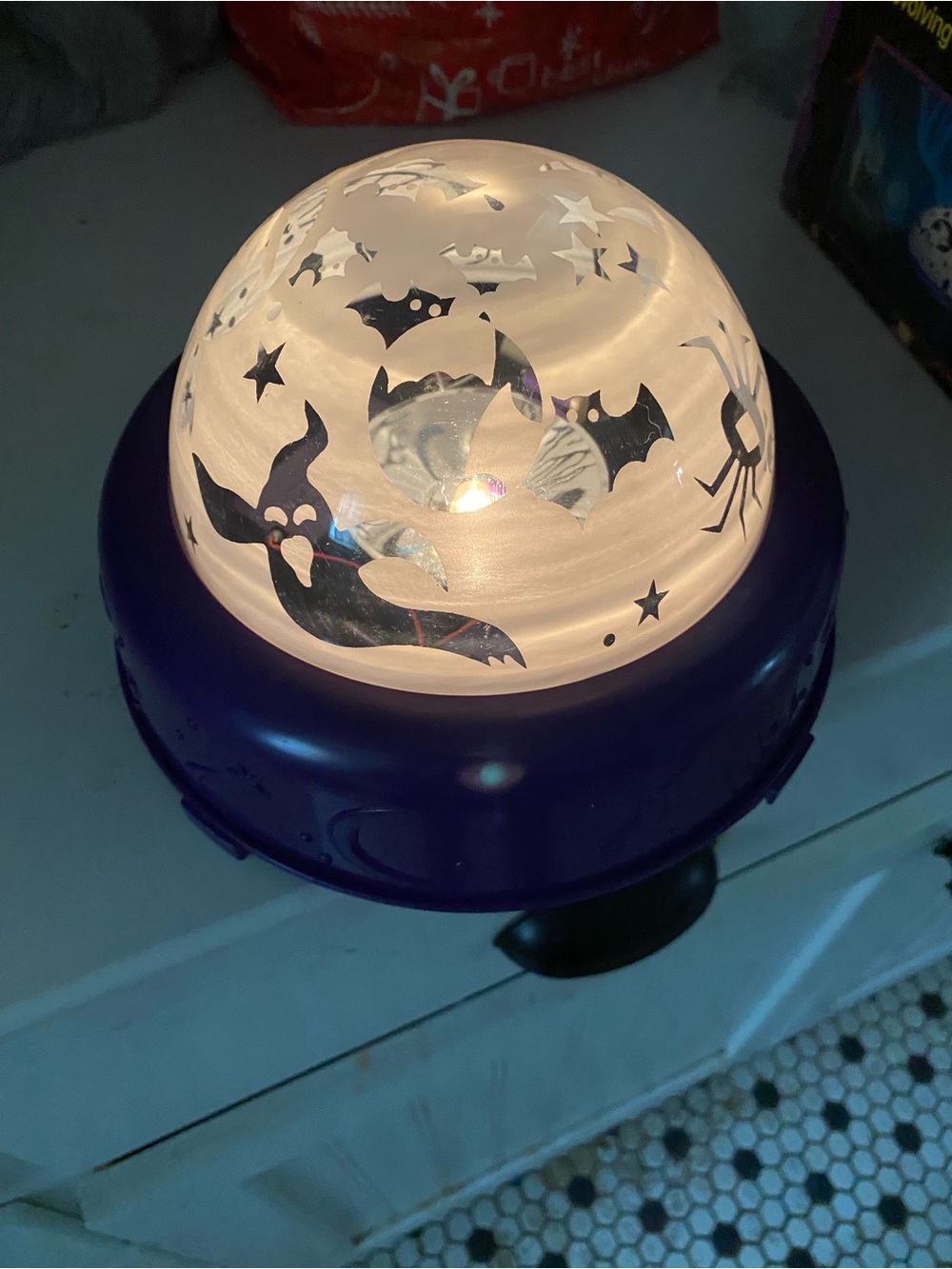Halloween Bat & Ghost Nightlight Dome - White Globe with Purple Base